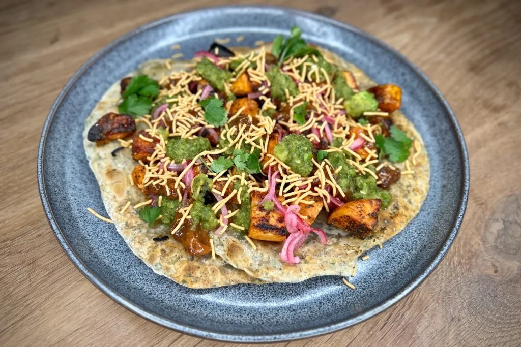 Indian sweet potato with chutneys and a mint paratha